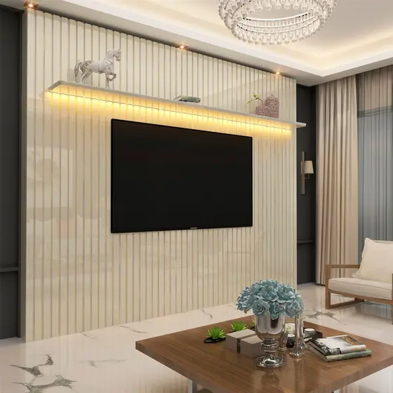 Painel Ripado para TV até 90 Polegadas com LED 100% MDF 230cmx250cm Nobre Branco Off White Off White