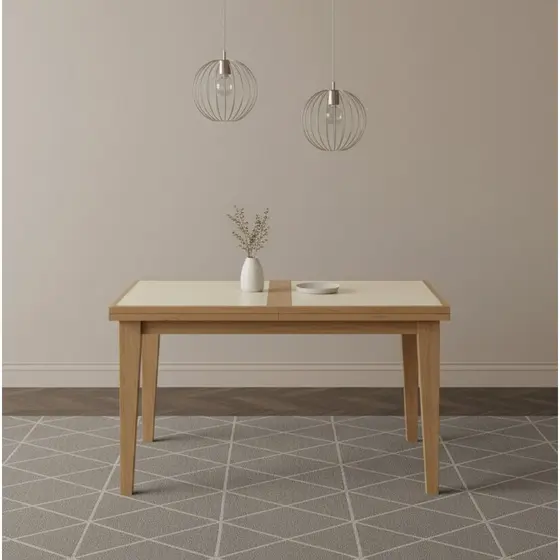 Mesa de Jantar 4 a 6 Lugares Retangular Extensível Tampo de Vidro/MDF Paris Mel/Off White