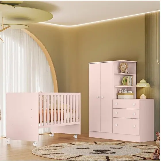 Quarto para Bebê Completo com Guarda-roupa e Comôda e Berço Doce Sonho Rosa Acetinado