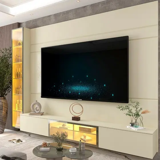 Estante para TV Home Theater até 84 Polegadas com Vidro Reflecta 100% MDF 255,2cmx217,6cm Led e Porta Luminare Bege Off