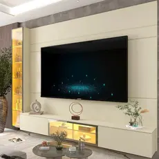 Estante para TV Home Theater até 84 Polegadas com Vidro Reflecta 100% MDF 255,2cmx217,6cm Led e Porta Luminare Bege Off