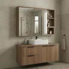 Conjunto Gabinete para Banheiro Suspenso com Cuba e Espelheira com Nichos 100cm em MDF Village Noce Noce