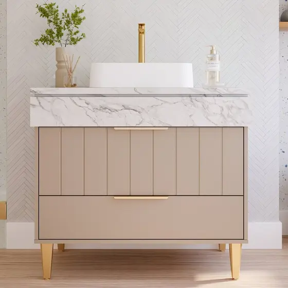 Gabinete para Banheiro 90cm com 1 Porta 1 Gaveta e Cuba de Sobrepor Riviera Cappuccino