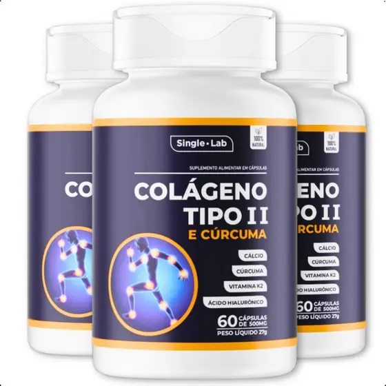 Kit 3 Colágeno Tipo 2 + Cúrcuma + Ácido Hialurônico Articulações Cálcio Vitamina K2 Cápsulas Sem Sabor