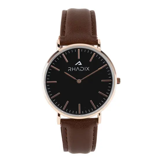 Relógio Masculino Pulso Preto Pulseira Couro Marrom Rhadix Correia Rosé Fundo Preto Minimalista Combina c Tudo Clássico
