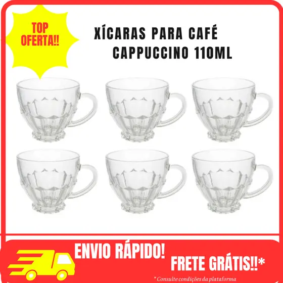Jogo De Xicara De Vidro Para Cafe Cha Brasiliano 110 ml 3, 6 ou 12 Xicaras Mesa Posta Trabalhada Presente Mãe