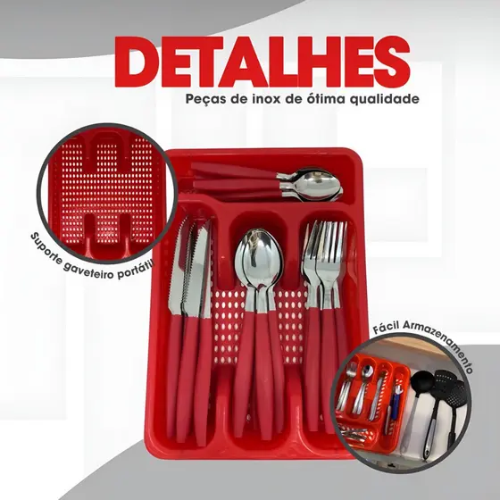 Jogo de Talheres 25 Peças Aço Inox Conjunto Faqueiro Com Porta Suporte Garfos Colheres e Facas