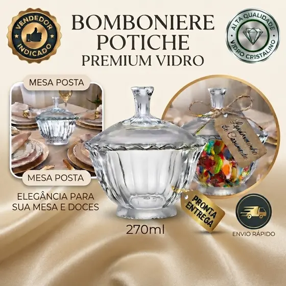 Bomboniere Potiche de Vidro 12cm 270ml Doces Decoração Lembrancinha Baleiro Mesa Posta