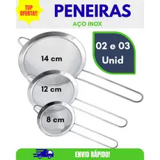 Jogo Peneiras Coador Aço Inox 8, 12 e 14cm Profissional Reforçada Coador Farinha Suco Confeitaria