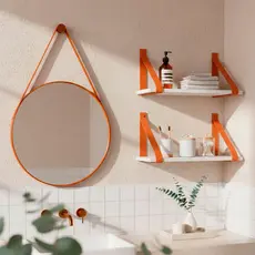 Kit Banheiro Espelho Redondo Decorativo 60cm + Kit 2 Prateleiras Suspensa Com Alça Conjunto Banheiro