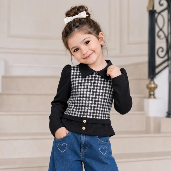 Blusa xadrez manga longa infantil menina - blusa canelada 4-12 anos