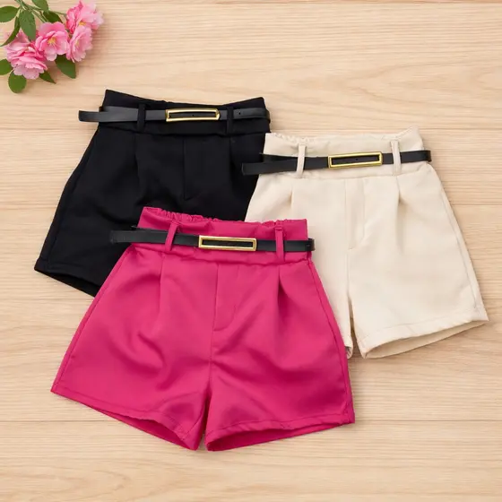 KIT 3 Peças Short com cinto infantil menina  moda primavera verão