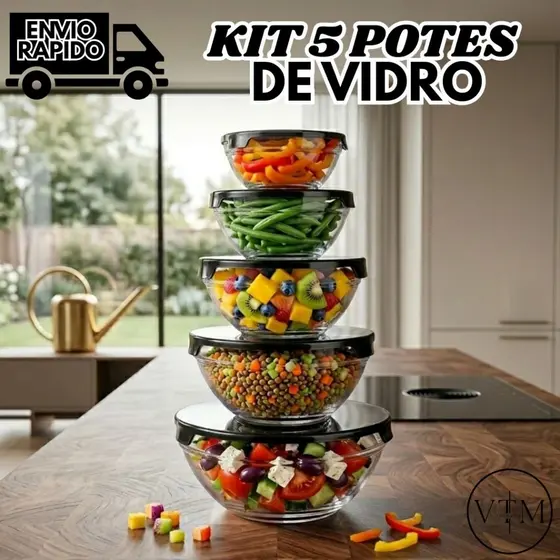 Kit 5 Potes de Vidro com Tampa Preta para Armazenar Alimentos Ideal para Cozinha Casa e Organização Diária