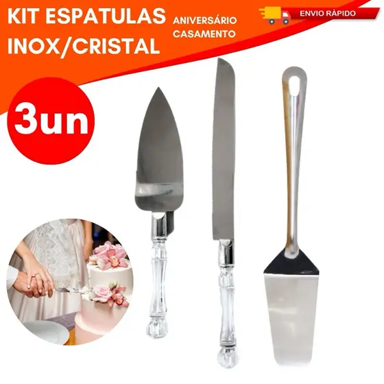 Kit Espatulas Festa 2 Espatulas e 1 Faca Corte Bolo Inox Cabo Personalizado Moderno