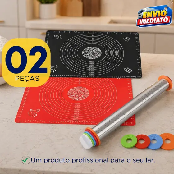 Rolo de Massa Inox Ajustável e Tapete Culinario Silicone Resistente Cozinha Massa Pão Bolo Pizza