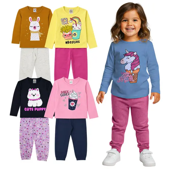 Kit 4 ou 6 Peças 2 ou 3 Conjunto Calça e Camiseta Manga Longa Menina Meia Estação Roupa Infantil