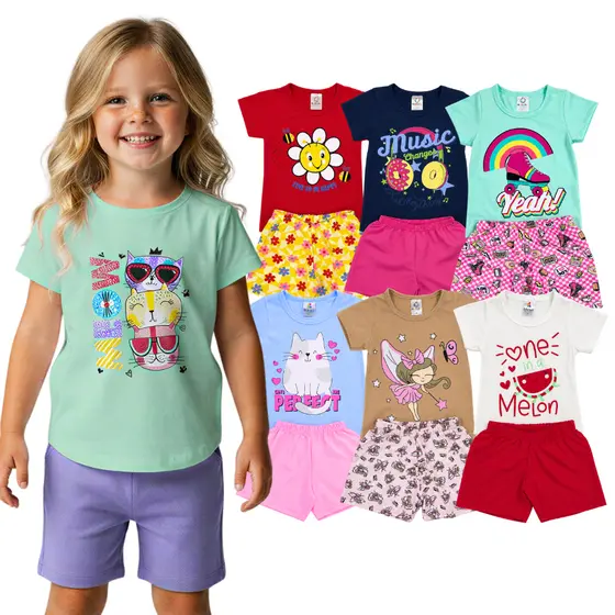 Kit 6 Peças Roupa Infantil Menina Verão Camiseta/Blusa + Shorts/Bermuda Sortidos 3 Conjunto
