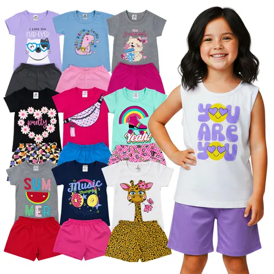 Kit 6 ou 10 peças Roupa Verão Menina Infantil Camiseta + Shorts Sortido Feminino 3 ou 5 Conjuntos