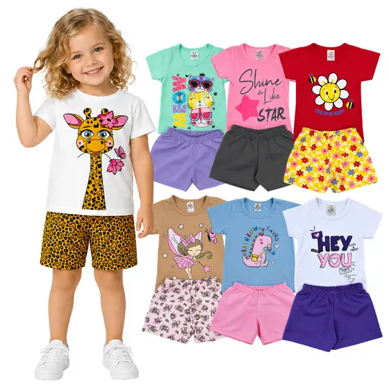 Kit 6 Peças Infantil Menina Verão Camiseta/Blusa + Shorts/Bermuda Sortidos 3 Conjunto