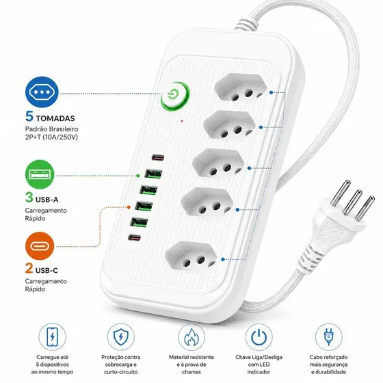 Régua de Energia 5 Tomadas + 5 USB (3 USB-A + 2 USB-C) Filtro de Linha com Interruptor e Cabo Reforçado