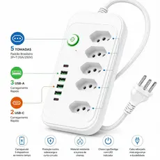 Régua de Energia 5 Tomadas + 5 USB (3 USB-A + 2 USB-C) Filtro de Linha com Interruptor e Cabo Reforçado