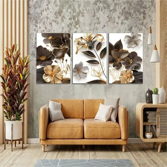 Quadros Decorativos para Sala 3 peças Flores Marron Dourado Escritório Quarto