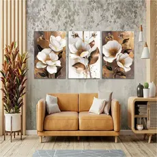 Quadros Decorativos para Sala 3 peças Flores Brancas Marron Quadro Para Sala Escritório Quarto