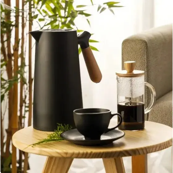 Garrafa Térmica de Café 1000ml Café e Chá Quente e Frio Plástico Cabo de Madeira e Termômetro Decoração