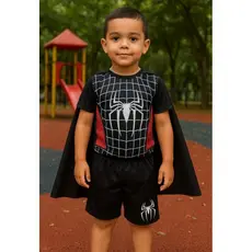 Fantasia infantil homem aranha preta conjunto menino camiseta short e capa para aniversário carnaval.
