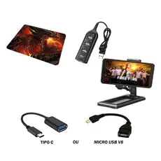 KIT PARA MOBILADOR HUB USB + SUPORTE + MOUSE PAD + ADAPTADOR OTG TIPO - C OU MICRO USB FREE FIRE FF PUBG COD MOBILE