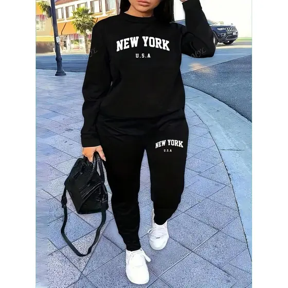 Conjunto de Moletom Casual Feminino com Estampa New York EUA para Outono e Inverno