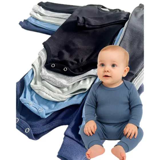 Kit 6 Peças Bebê Menino Body + Calça Mijão Pagão Ribana Canelada Longo RN ao GG 3 Body + 3 Calças