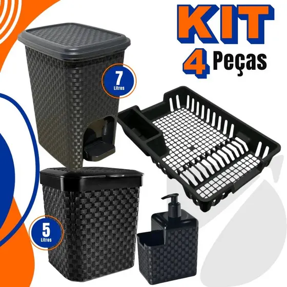 Kit Lixeira 7 Litros + Lixeira Pia 5 Litros + Porta Detergente + Escorredor Louça