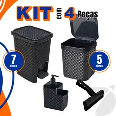 Kit Lixeira Pia 5 Litros + Lixeira 7 Litros c/ Pedal + Porta Detergente Sabão + Rodinho de Pia Kit C