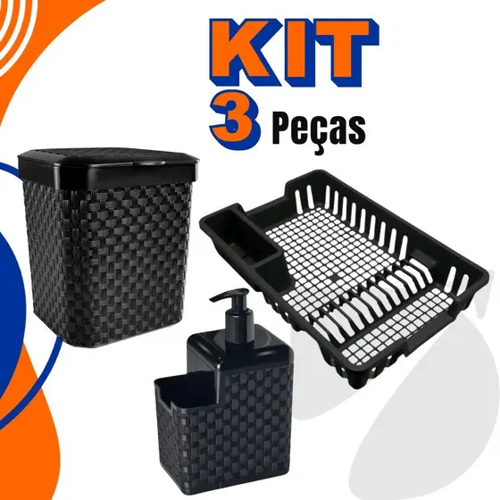 Kit Lixeira 5 Litros + Porta Detergente + Escorredor Louça