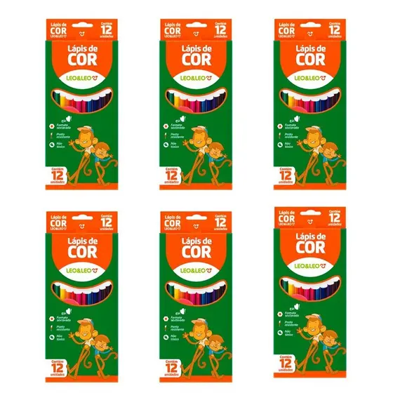KIT 6 CAIXAS LAPIS DE COR ESCOLAR SEXTAVADO 12 CORES - LEONORA