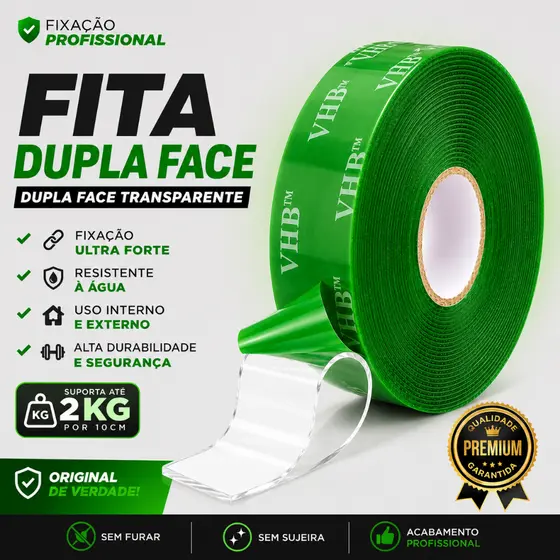 Fita Dupla Face Extra Forte 9mm x 20m Acrílica Transparente Espelho Vidro Parede ACM Cola Adesiva