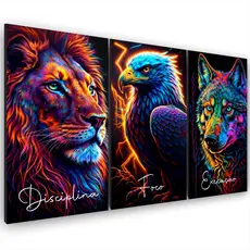 Kit 3 Quadros Motivacionais Leão Águia Lobo Disciplina Foco Sala Quarto