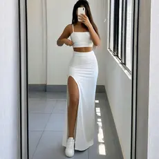Conjunto Feminino Saia Longa e Cropped Alcinha Com Fenda Varias Cores Moda Blogueira