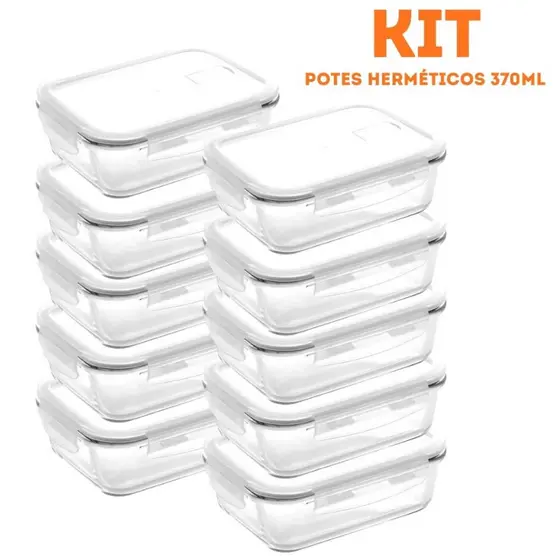 Kit Potes Herméticos De Vidro Premium Para Marmita 370ML Com 4 Travas Resistente