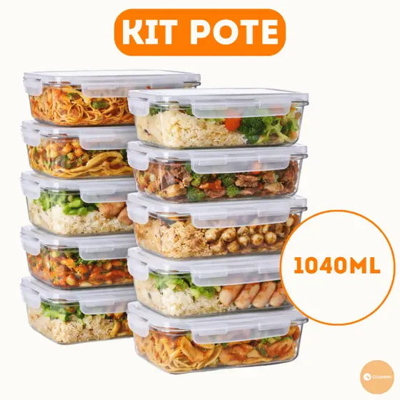 Kit Potes Herméticos De Vidro 1040ml Premium Para Marmita Mantimentos Com 4 Travas