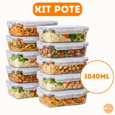 Kit Potes Herméticos De Vidro 1040ml Premium Para Marmita Mantimentos Com 4 Travas