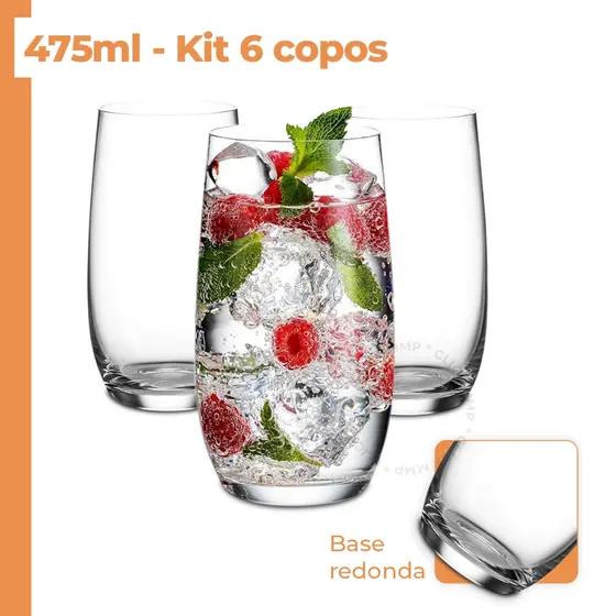 Kit 6 Copos Vidro Premium Iara 475ml Bebidas Suco Água Drinks