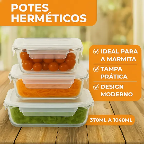 Kit 5 ou 10 Potes de Vidro Herméticos 1050ml | Tampa 4 Travas | Ideal para Marmita e Alimentos
