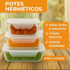Kit 5 ou 10 Potes de Vidro Herméticos 1050ml | Tampa 4 Travas | Ideal para Marmita e Alimentos