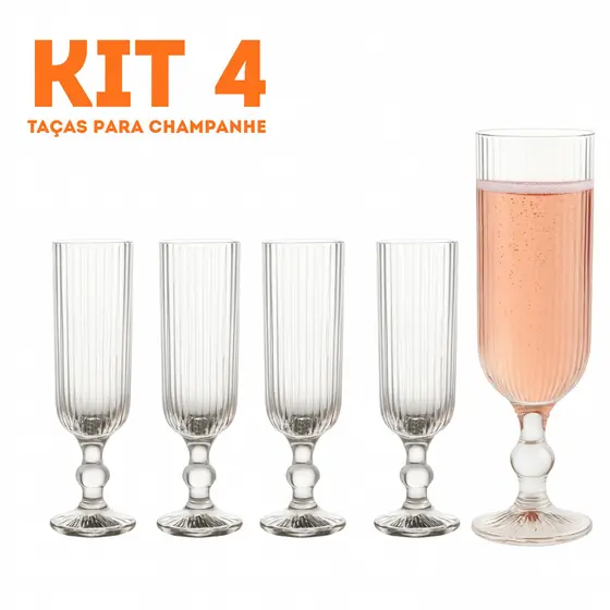 Kit 4 Taças De Vidro Sofia Para Champanhe 160ml Luxo Canelada Resistente