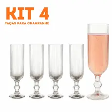 Kit 4 Taças De Vidro Sofia Para Champanhe 160ml Luxo Canelada Resistente