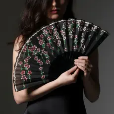 Leque de Mão Preto 42cm com Flores Casamento Festa