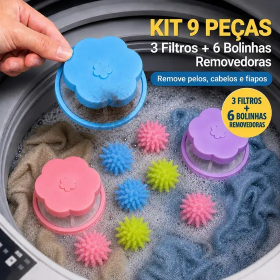 KIT Filtro Coletor Pelos Máquina Lavar Roupa + 6 Bolinhas Removedor Fiapos Pet Reutilizável