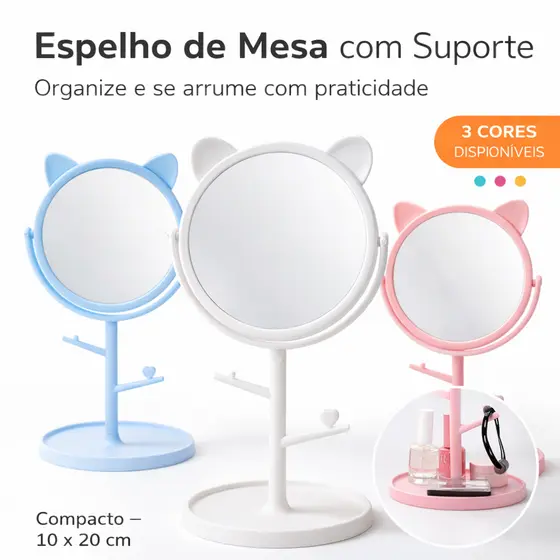 MINI Espelho Mesa Porta Bijuteria Gatinha Organizador Maquiagem 360° Penteadeira Fofo